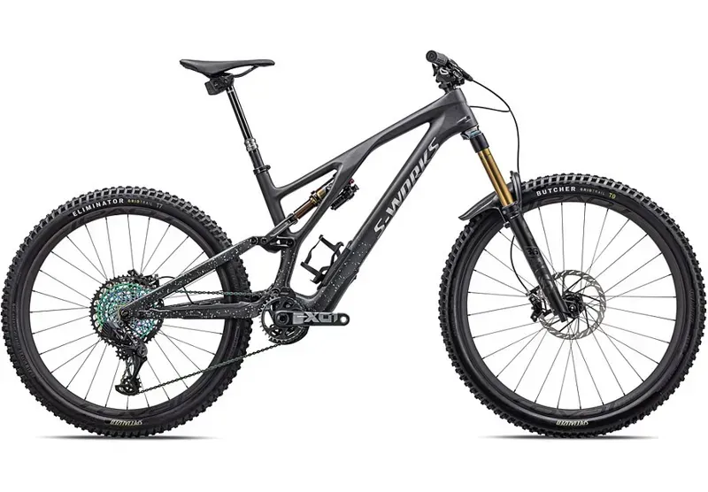 Specialized S-Works Stumpjumper EVO Trail Bike in Carbon/Black Liquid Metal/Limestone/Brushed Chrome